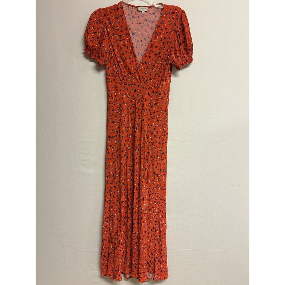 Ghost London Dress Womens Small Red Yellow Floral Maxi Puff Sleeve Viscose Boho